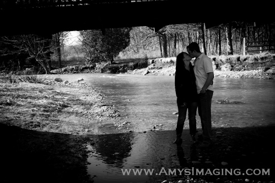 Romantic engagement photo under the bridge