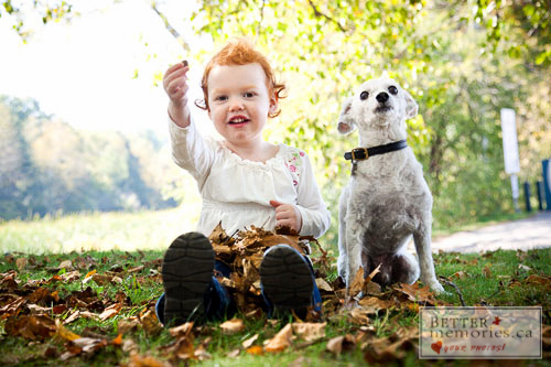 Family Portrait - Child with Puppy in Fall Scene